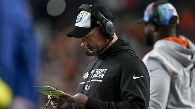 DENVER, CO - OCTOBER 6: Head coach Nathaniel Hackett of the Denver Broncos works the play sheet against the Indianapolis Colts during the second quarter at Empower Field at Mile High in Denver on Thursday, October 6, 2022.