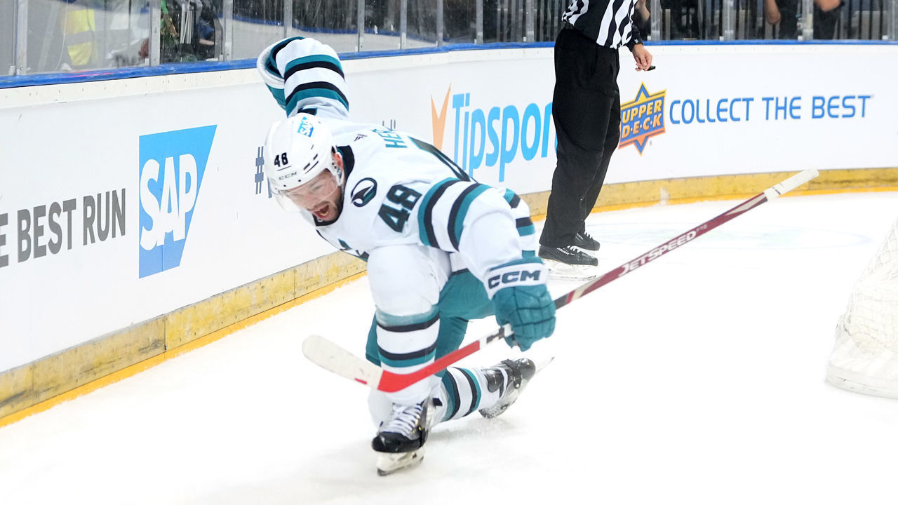 PRAGUE, CZECH REPUBLIC - OCTOBER 07: Tomas Hertl #48 of the San Jose Sharks celebrates his first period goal against the Nashville Predators in the 2022 NHL Global Series Challenge Czech Republic game at O2 Arena on October 07, 2022 in Prague, Czech Republic.