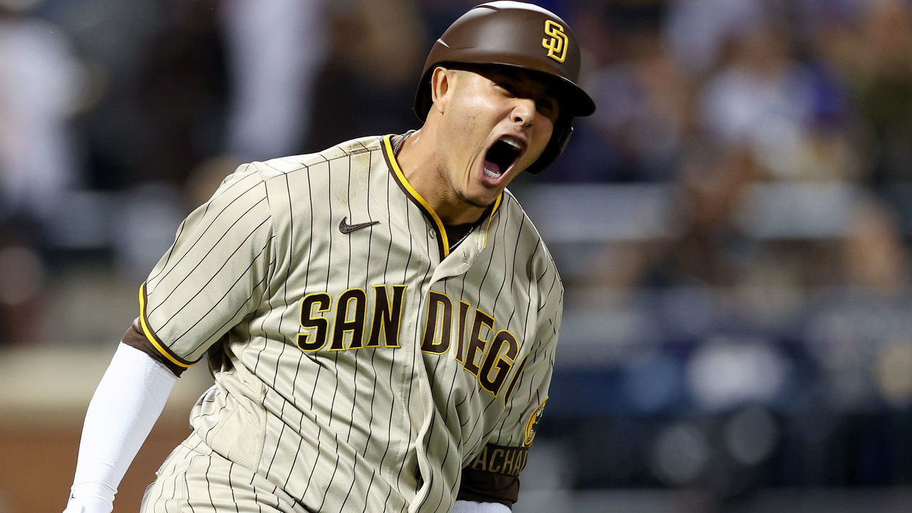 NEW YORK, NEW YORK - OCTOBER 07: Manny Machado #13 of the San Diego Padres celebrates his solo home run in the fifth inning against the New York Mets during game one of the NL Wild Card Series at Citi Field on October 07, 2022 in the Flushing neighborhood of the Queens borough of New York City.
