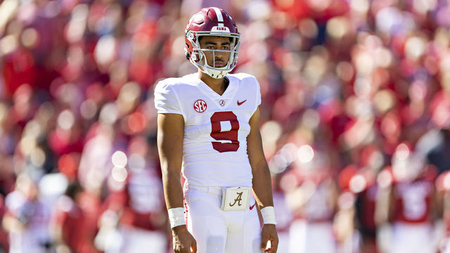 FAYETTEVILLE, ARKANSAS - OCTOBER 1: Bryce Young #9 of the Alabama Crimson Tide looks to the sidelines during a game against the Arkansas Razorbacks at Donald W. Reynolds Razorback Stadium on October 1, 2022 in Fayetteville, Arkansas. The Crimson Tide defeated the Razorbacks 49-26.