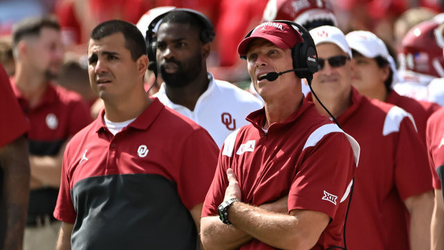 LINCOLN, NE - SEPTEMBER 17: Head coach Brent Venables of the Oklahoma Sooners watches action against the Nebraska Cornhuskers at Memorial Stadium on September 17, 2022 in Lincoln, Nebraska.