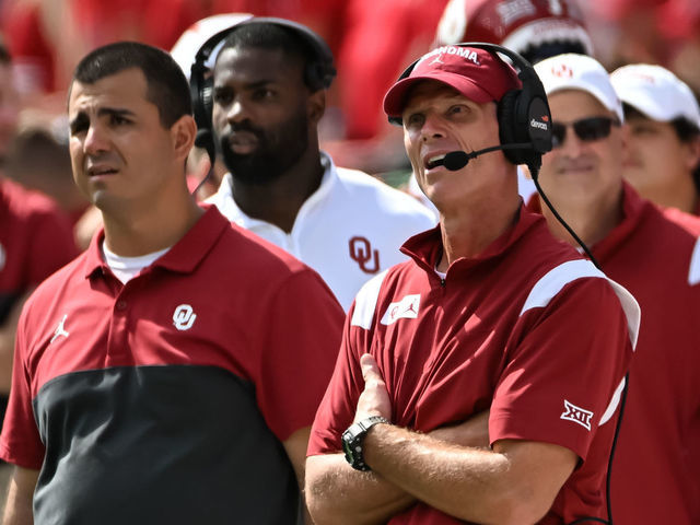 LINCOLN, NE - SEPTEMBER 17: Head coach Brent Venables of the Oklahoma Sooners watches action against the Nebraska Cornhuskers at Memorial Stadium on September 17, 2022 in Lincoln, Nebraska.