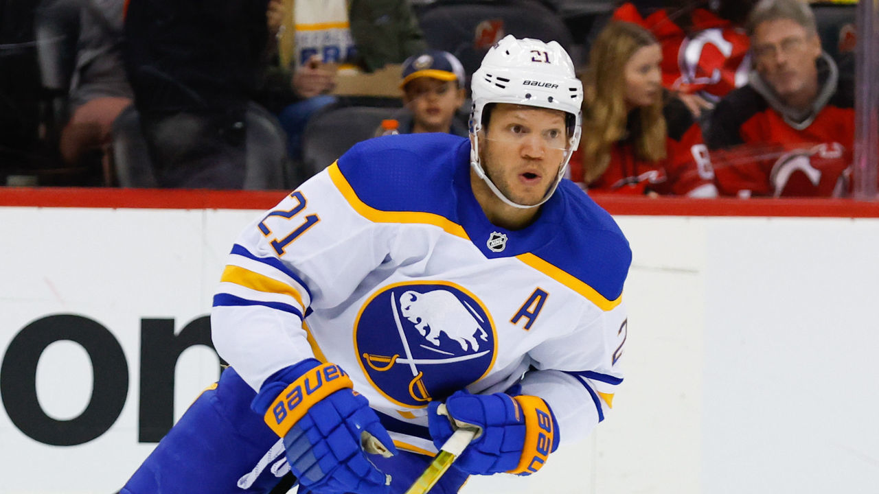 NEWARK, NJ - APRIL 21: Buffalo Sabres right wing Kyle Okposo (21) skates during the National Hockey League game between the New Jersey Devils and the Buffalo Sabres on April 21, 2022 at the Prudential Center in Newark, New Jersey.