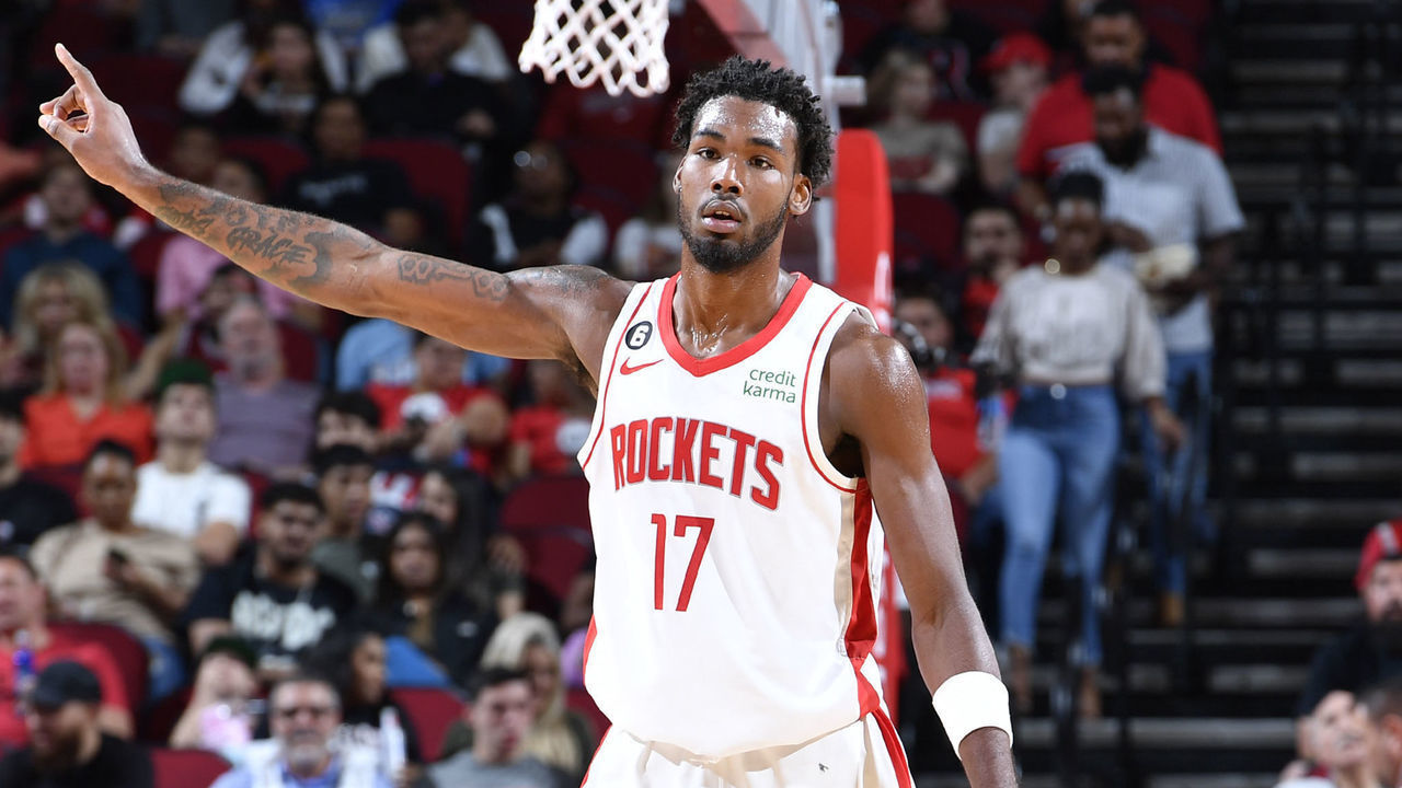 HOUSTON, TX - OCTOBER 7: Tari Eason #17 of the Houston Rockets looks on during the game against the Toronto Raptors on October 7, 2022 at the Toyota Center in Houston, Texas. Mandatory Copyright Notice: Copyright 2022 NBAE