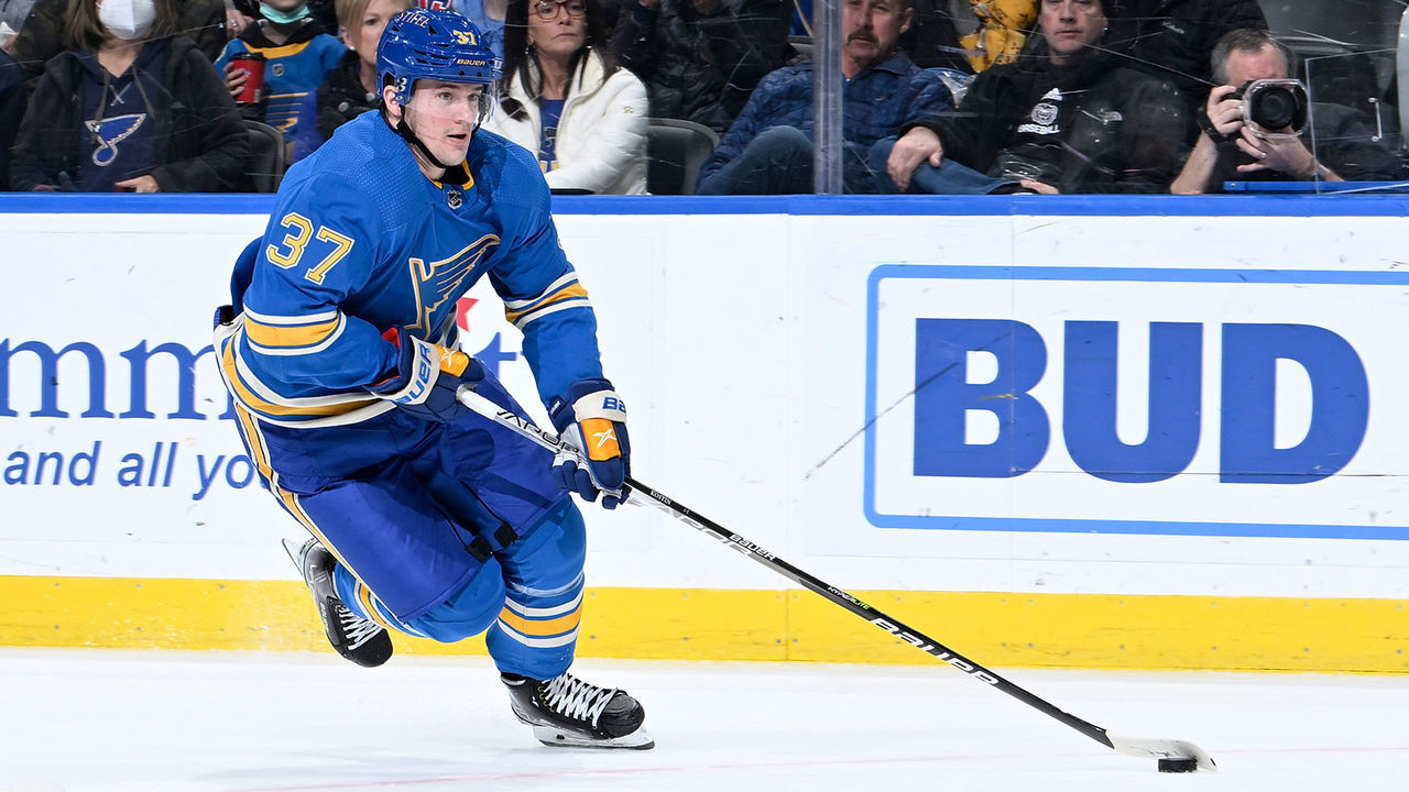 ST. LOUIS, MO - JANUARY 29: Klim Kostin #37 of the St. Louis Blues skates against the Winnipeg Jets at the Enterprise Center on January 29, 2022 in St. Louis, Missouri.
