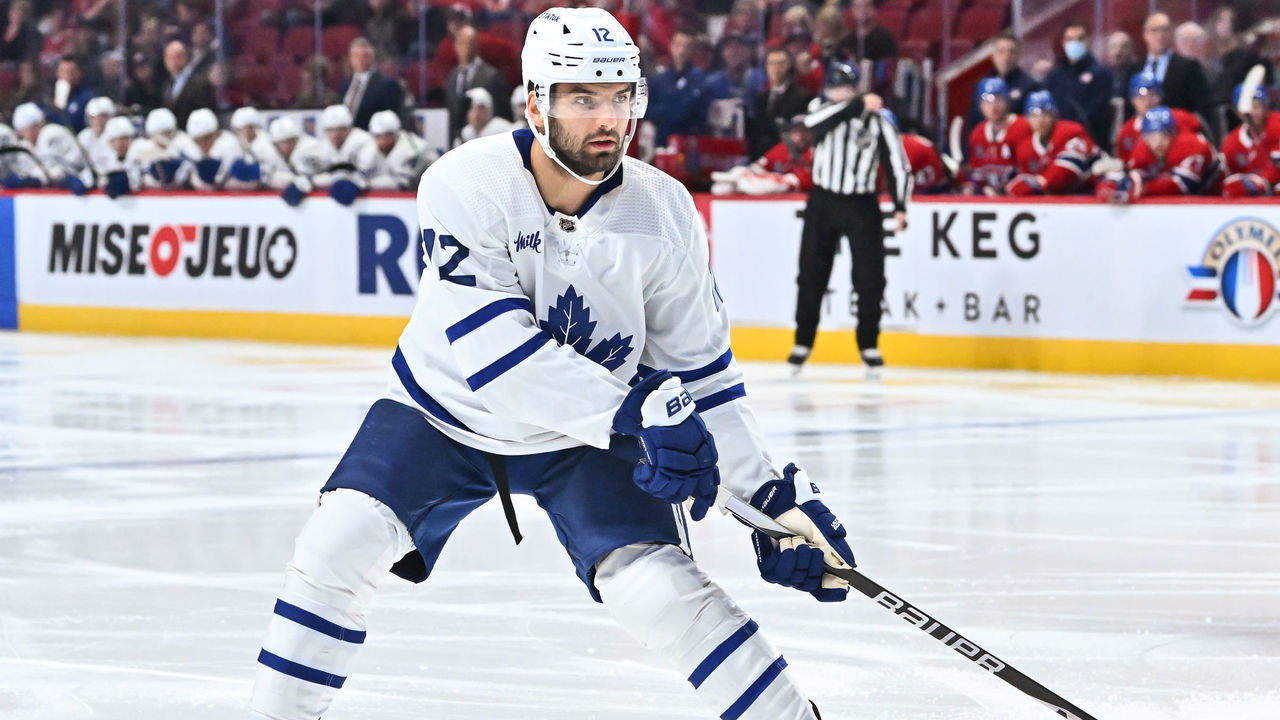 MONTREAL, CANADA - OCTOBER 03: Zach Aston-Reese #12 of the Toronto Maple Leafs skates against the Montreal Canadiens during the second period in a preseason game at Centre Bell on October 3, 2022 in Montreal, Quebec, Canada. The Toronto Maple Leafs defeated the Montreal Canadiens 5-1.