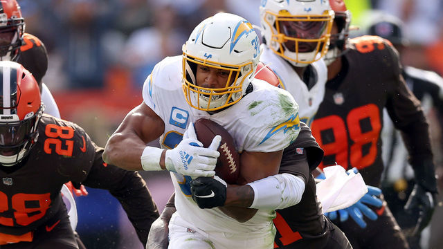 CLEVELAND, OHIO - OCTOBER 09: Austin Ekeler #30 of the Los Angeles Chargers runs the ball during the fourth quarter against the Cleveland Browns at FirstEnergy Stadium on October 09, 2022 in Cleveland, Ohio.