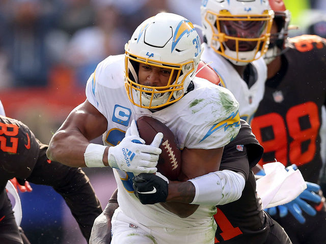 CLEVELAND, OHIO - OCTOBER 09: Austin Ekeler #30 of the Los Angeles Chargers runs the ball during the fourth quarter against the Cleveland Browns at FirstEnergy Stadium on October 09, 2022 in Cleveland, Ohio.