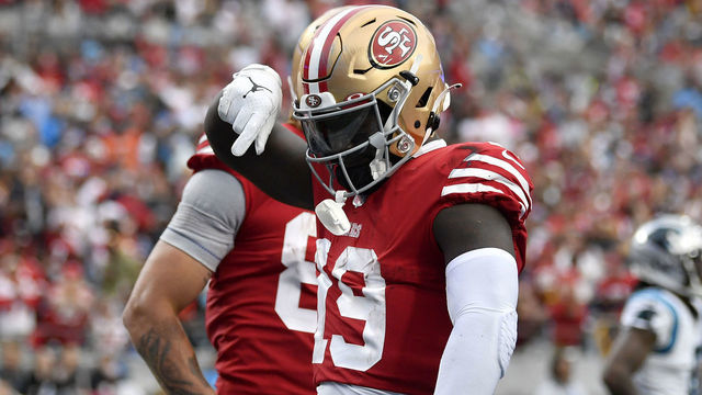 CHARLOTTE, NORTH CAROLINA - OCTOBER 09: Deebo Samuel #19 of the San Francisco 49ers celebrates a touchdown during the third quarter of the game against the Carolina Panthers at Bank of America Stadium on October 09, 2022 in Charlotte, North Carolina.