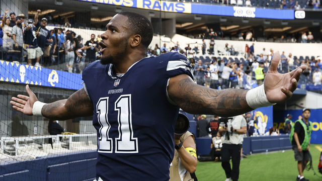 INGLEWOOD, CALIFORNIA - OCTOBER 09: Micah Parsons #11 of the Dallas Cowboys celebrates with fans after the Cowboys defeated the Los Angeles Rams 22-10 at SoFi Stadium on October 09, 2022 in Inglewood, California.