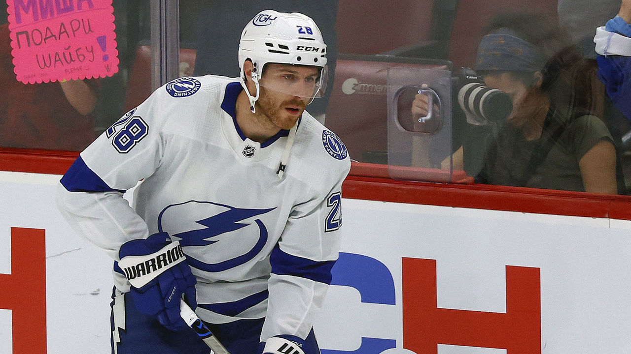 SUNRISE, FL - OCTOBER 6: Ian Cole #28 of the Tampa Bay Lightning skates with the puck prior to an NHL preseason game against the Florida Panthers at the FLA Live Arena on October 6, 2022 in Sunrise, Florida.