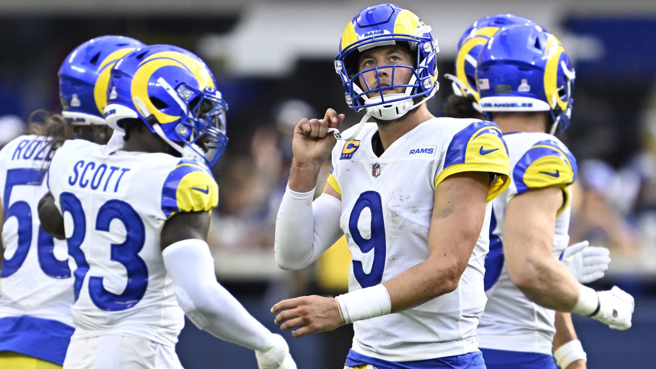 Inglewood, CA - October 09: Quarterback Matthew Stafford #9 of the Los Angeles Rams looks toward the video board after being sacked by linebacker Micah Parsons #11 of the Dallas Cowboys in the second half of a NFL football game at SoFi Stadium in Inglewood on Sunday, October 9, 2022.