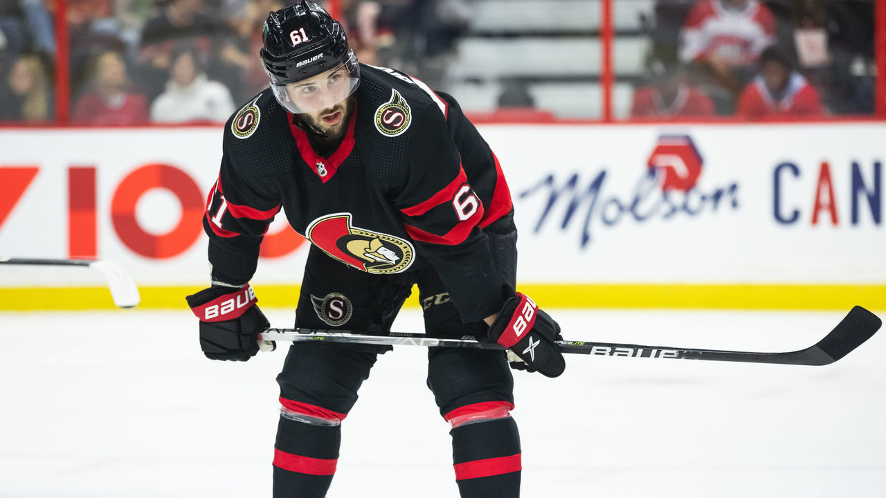 OTTAWA, ON - OCTOBER 01: Ottawa Senators Center Derick Brassard (61) before a face-off during third period National Hockey League preseason action between the Montreal Canadiens and Ottawa Senators on October 1, 2022, at Canadian Tire Centre in Ottawa, ON, Canada.