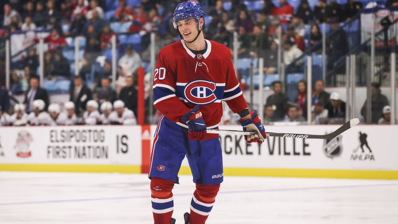 BOUCTOUCHE, NB - OCTOBER 8: Juraj Slafkovsky #20 of the Montreal Canadiens skates against the Ottawa Senators during the second period at J.K. Irving Centre on October 8, 2022 in Bouctouche, New Brunswick, Canada.