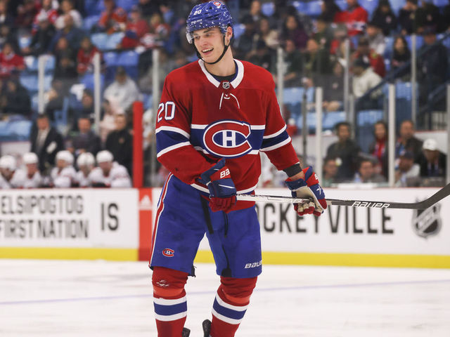 BOUCTOUCHE, NB - OCTOBER 8: Juraj Slafkovsky #20 of the Montreal Canadiens skates against the Ottawa Senators during the second period at J.K. Irving Centre on October 8, 2022 in Bouctouche, New Brunswick, Canada.