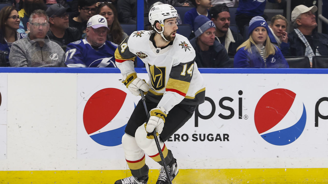 TAMPA, FL - JANUARY 29: Nicolas Hague #14 of the Vegas Golden Knights against the Tampa Bay Lightning during the first period at Amalie Arena on January 29, 2022 in Tampa, Florida.