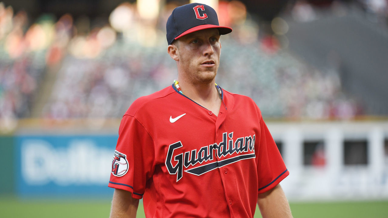 CLEVELAND, OH - JUNE 27, 2022: Myles Straw #7 of the Cleveland Guardians walks off the field during the fourth inning against the Minnesota Twins at Progressive Field on June 27, 2022 in Cleveland, Ohio.