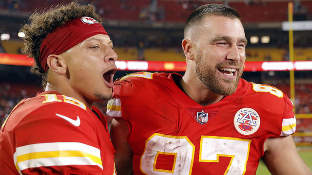 KANSAS CITY, MISSOURI - OCTOBER 10: Patrick Mahomes #15 and Travis Kelce #87 of the Kansas City Chiefs celebrate after the Chiefs defeated the Las Vegas Raiders 30-29 to win the game at Arrowhead Stadium on October 10, 2022 in Kansas City, Missouri.