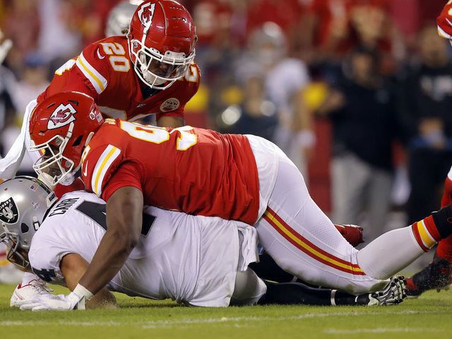 Kansas City Chiefs defensive tackle Chris Jones (95) against the Las Vegas  Raiders in an NFL