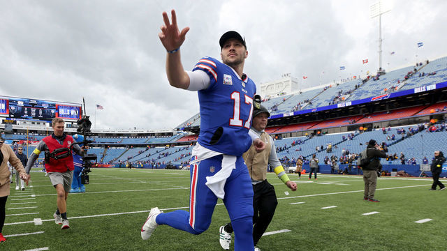 ORCHARD PARK, NEW YORK - OCTOBER 09: Josh Allen #17 of the Buffalo Bills runs off thee field after a win against the Pittsburgh Steelers at Highmark Stadium on October 09, 2022 in Orchard Park, New York.