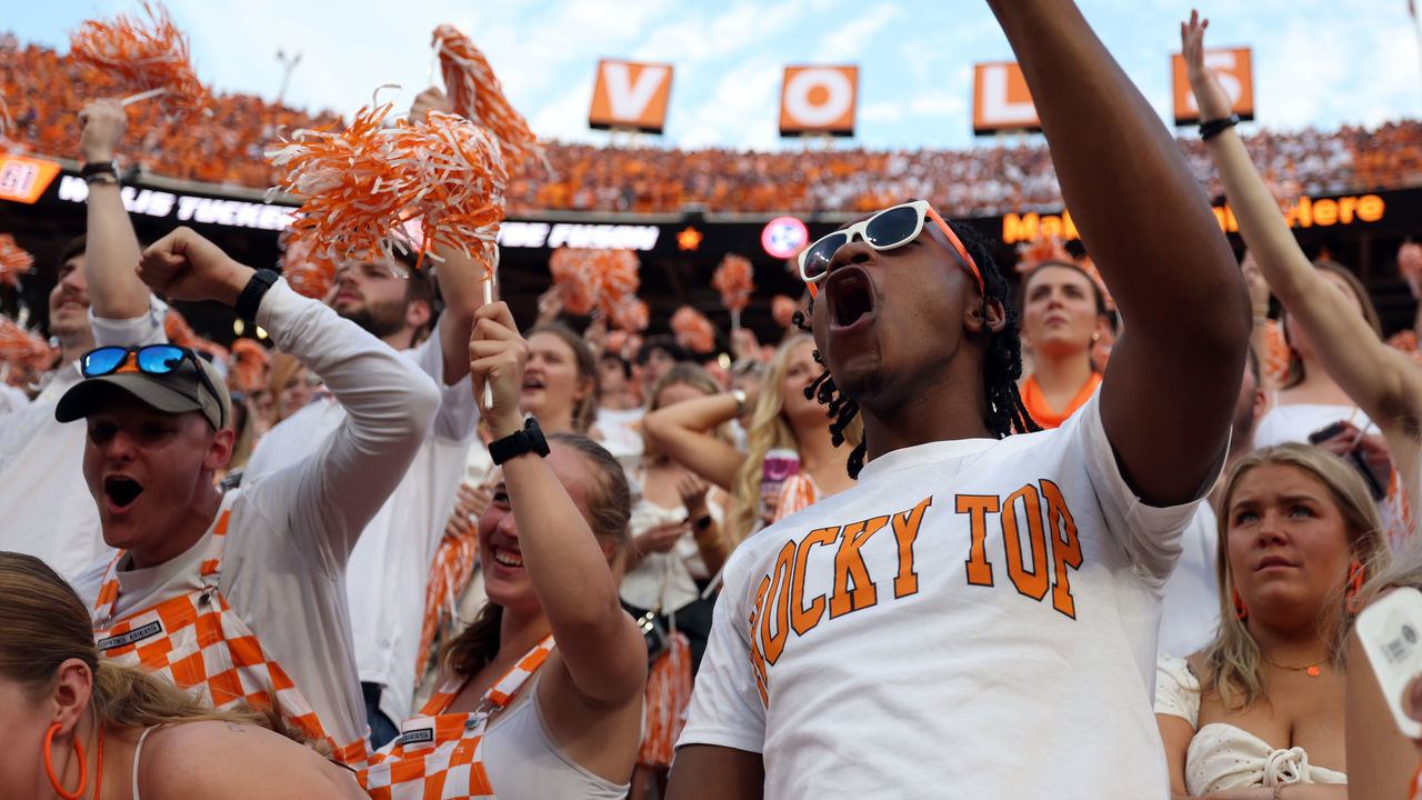 KNOXVILLE, TENNESSEE - SEPTEMBER 24: Tennessee Volunteers fans cheer in the students section during the game against the Florida Gators at Neyland Stadium on September 24, 2022 in Knoxville, Tennessee. Tennessee won the game 38-33.