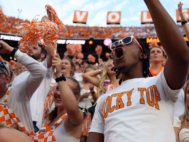 KNOXVILLE, TENNESSEE - SEPTEMBER 24: Tennessee Volunteers fans cheer in the students section during the game against the Florida Gators at Neyland Stadium on September 24, 2022 in Knoxville, Tennessee. Tennessee won the game 38-33.