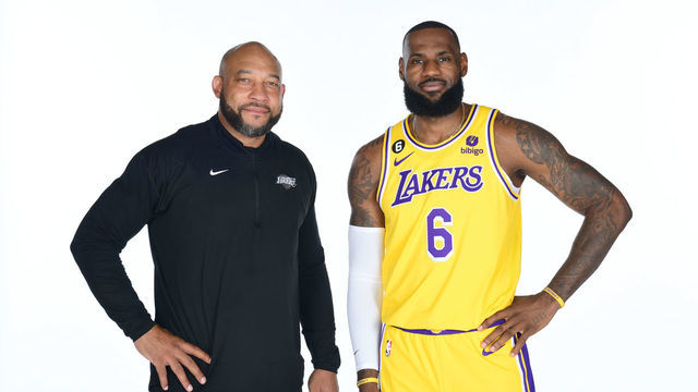EL SEGUNDO, CA - SEPTEMBER 26: Head Coach Darvin Ham and LeBron James #6 of the Los Angeles Lakers pose for a photo during NBA Media day at UCLA Health Training Center on September 26, 2022 in El Segundo, California. NOTE TO USER: User expressly acknowledges and agrees that, by downloading and/or using this Photograph, user is consenting to the terms and conditions of the Getty Images License Agreement. Mandatory Copyright Notice: Copyright 2022 NBAE