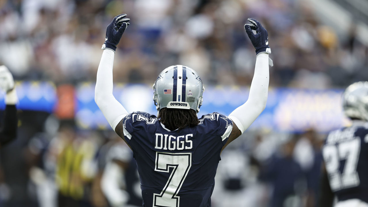INGLEWOOD, CALIFORNIA - OCTOBER 09: Trevon Diggs #7 of the Dallas Cowboys reacts to the crowd during an NFL football game between the Los Angeles Rams and the Dallas Cowboys at SoFi Stadium on October 09, 2022 in Inglewood, California.