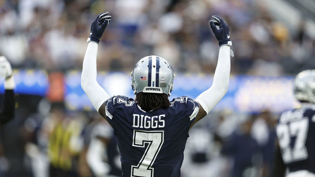 INGLEWOOD, CALIFORNIA - OCTOBER 09: Trevon Diggs #7 of the Dallas Cowboys reacts to the crowd during an NFL football game between the Los Angeles Rams and the Dallas Cowboys at SoFi Stadium on October 09, 2022 in Inglewood, California.