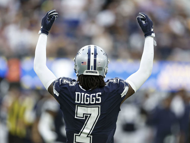 INGLEWOOD, CALIFORNIA - OCTOBER 09: Trevon Diggs #7 of the Dallas Cowboys reacts to the crowd during an NFL football game between the Los Angeles Rams and the Dallas Cowboys at SoFi Stadium on October 09, 2022 in Inglewood, California.