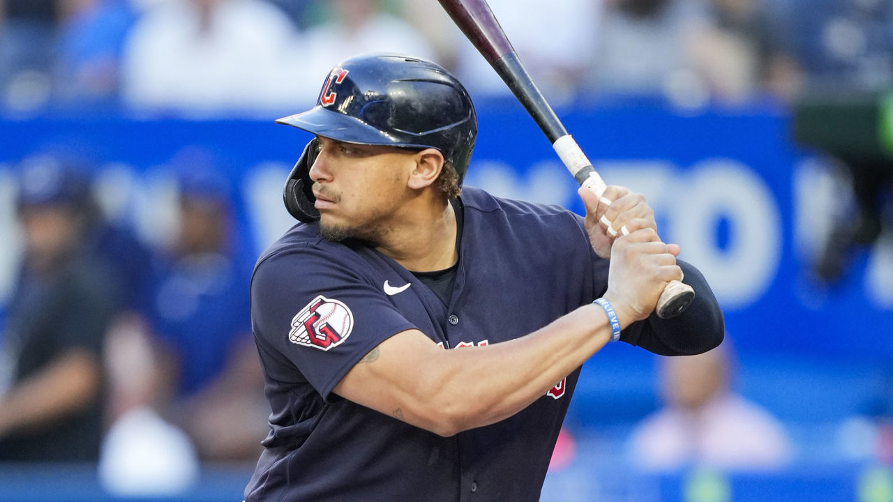 TORONTO, ON - AUGUST 12: Josh Naylor #22 of the Cleveland Guardians takes an at bat against the Toronto Blue Jays in the first inning during their MLB game at the Rogers Centre on August 12, 2022 in Toronto, Ontario, Canada.
