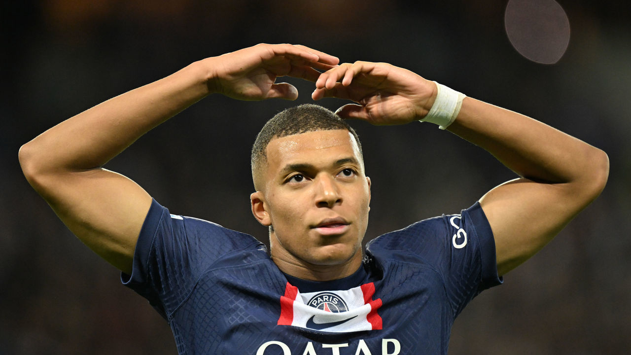 PARIS, FRANCE - OCTOBER 11: Kylian Mbappe of Paris Saint - Germain (PSG) celebrates after scoring during the UEFA Champions League soccer match between Paris Saint-Germain and Benfica at Parc des Princes stadium in Paris, France on October 11, 2022.