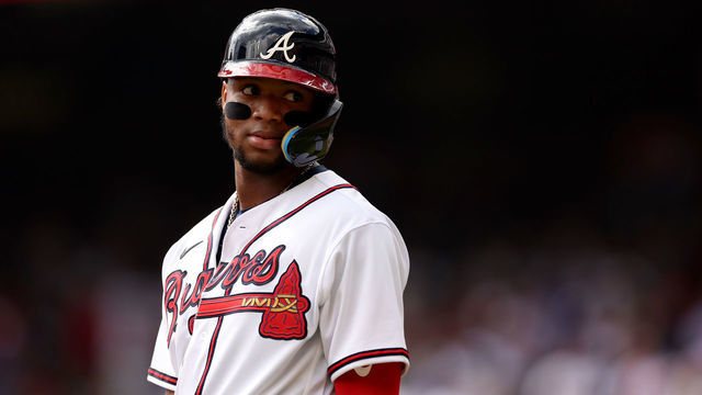 ATLANTA, GEORGIA - OCTOBER 11: Ronald Acuna Jr. #13 of the Atlanta Braves looks on against the Philadelphia Phillies during the third inning in game one of the National League Division Series at Truist Park on October 11, 2022 in Atlanta, Georgia.