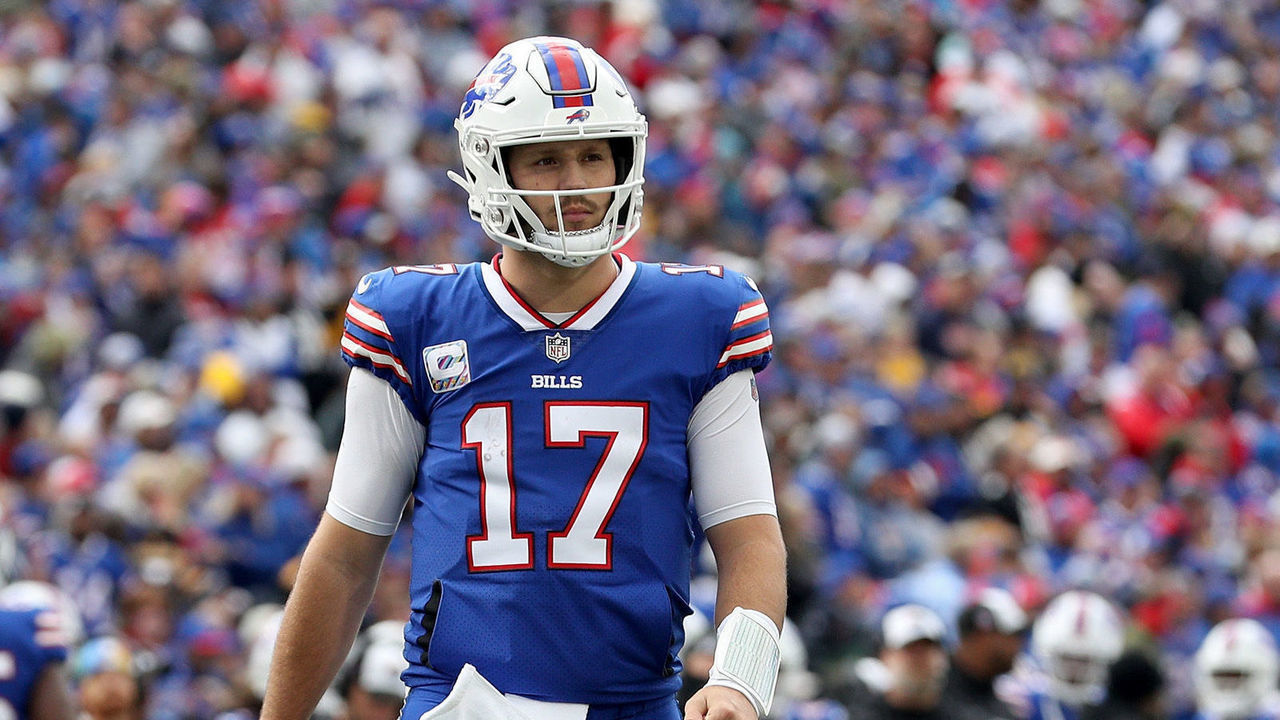 ORCHARD PARK, NEW YORK - OCTOBER 09: Josh Allen #17 of the Buffalo Bills walks on to the field against the Pittsburgh Steelers during the first quarter at Highmark Stadium on October 09, 2022 in Orchard Park, New York.