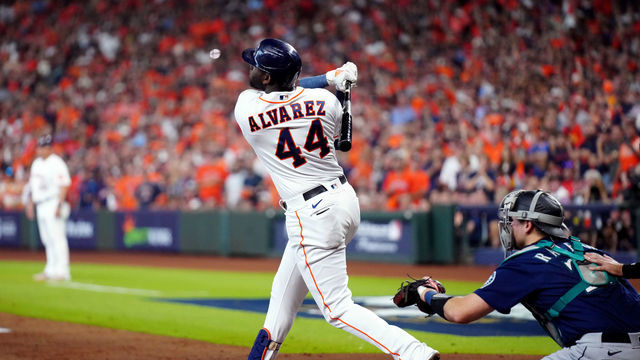 HOUSTON, TX - OCTOBER 11: Yordan Alvarez #44 of the Houston Astros bats during the game between the Seattle Mariners and the Houston Astros at Minute Maid Park on Tuesday, October 11, 2022 in Houston, Texas.