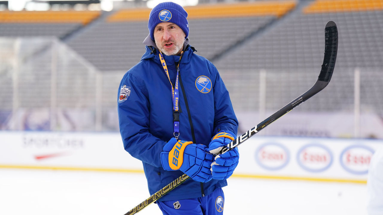 HAMILTON, ON - MARCH 12: Buffalo Sabres Head Coach Don Granato at practice for the 2022 Tim Hortons NHL Heritage Classic at Tim Hortons Field on March 12, 2022 in Hamilton, Canada.