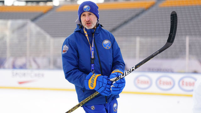 HAMILTON, ON - MARCH 12: Buffalo Sabres Head Coach Don Granato at practice for the 2022 Tim Hortons NHL Heritage Classic at Tim Hortons Field on March 12, 2022 in Hamilton, Canada.