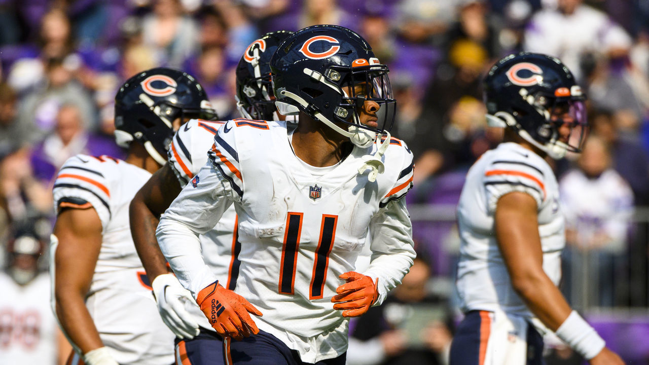 MINNEAPOLIS, MN - OCTOBER 09: Darnell Mooney #11 of the Chicago Bears lines up for a play in the third quarter of the game against the Minnesota Vikings at U.S. Bank Stadium on October 9, 2022 in Minneapolis, Minnesota.
