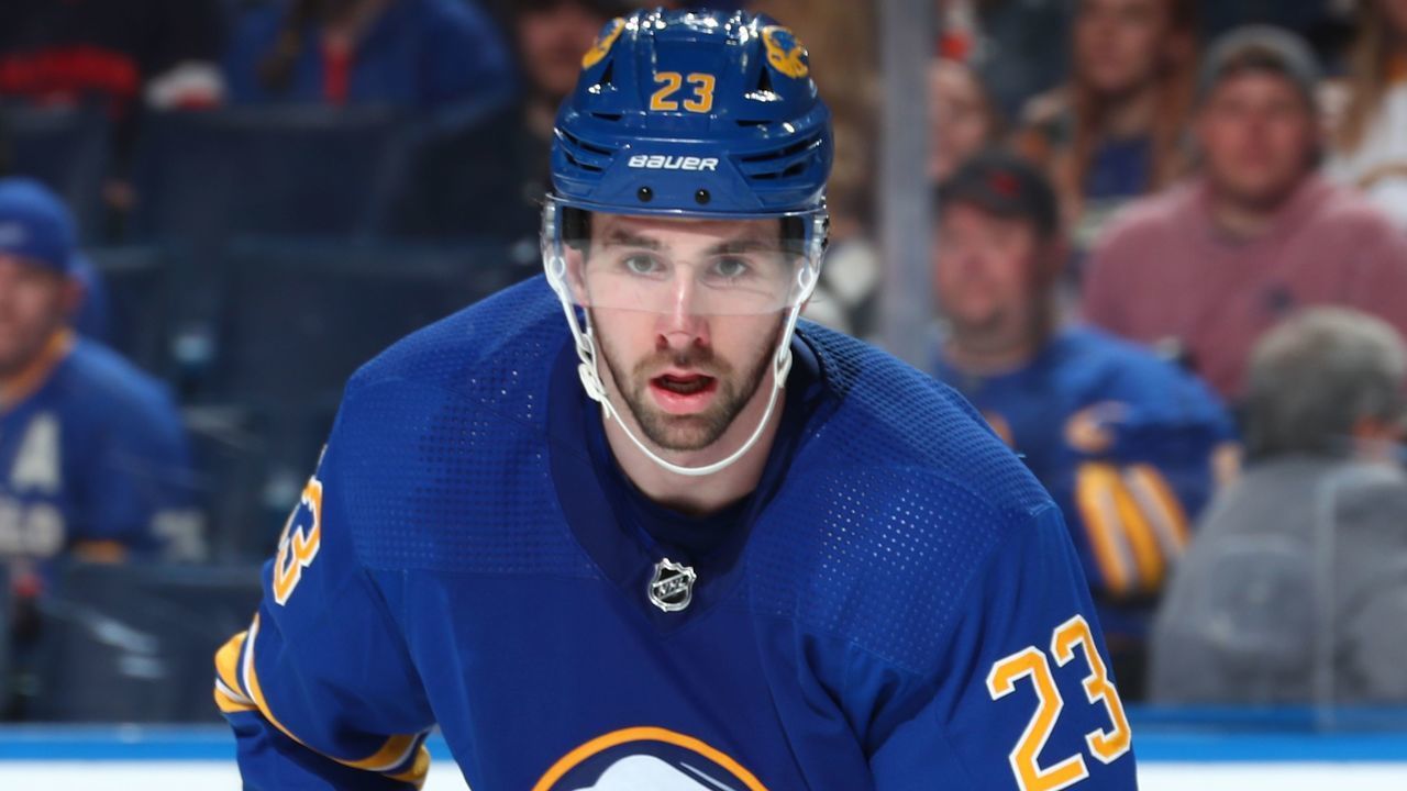 BUFFALO, NY - APRIL 23: Mattias Samuelsson #23 of the Buffalo Sabres skates against the New York Islanders during an NHL game on April 23, 2022 at KeyBank Center in Buffalo, New York.