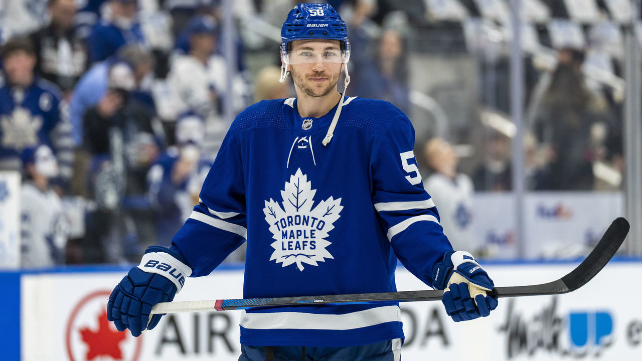 TORONTO, ON - MAY 10: Michael Bunting #58 of the Toronto Maple Leafs during warm ups before playing the Tampa Bay Lightning in Game Five of the First Round of the 2022 Stanley Cup Playoffs at the Scotiabank Arena on May 10, 2022 in Toronto, Ontario, Canada.