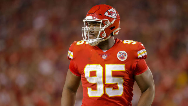 KANSAS CITY, MO - OCTOBER 10: Chris Jones #95 of the Kansas City Chiefs celebrates his second quarter sack and fumble recovery against the Las Vegas Raiders before a penalty flag for roughing the passer negated the play at Arrowhead Stadium on October 10, 2022 in Kansas City, Missouri.