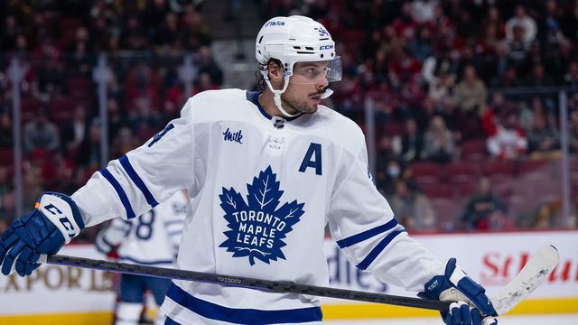 MONTREAL, QC - OCTOBER 03: Auston Matthews (34) of the Toronto Maple Leafs looks on during the first period of the NHL pre-season game between the Toronto Maple Leafs and the Montreal Canadiens on October 3, 2022, at the Bell Centre in Montreal, QC
