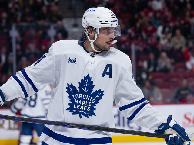 MONTREAL, QC - OCTOBER 03: Auston Matthews (34) of the Toronto Maple Leafs looks on during the first period of the NHL pre-season game between the Toronto Maple Leafs and the Montreal Canadiens on October 3, 2022, at the Bell Centre in Montreal, QC