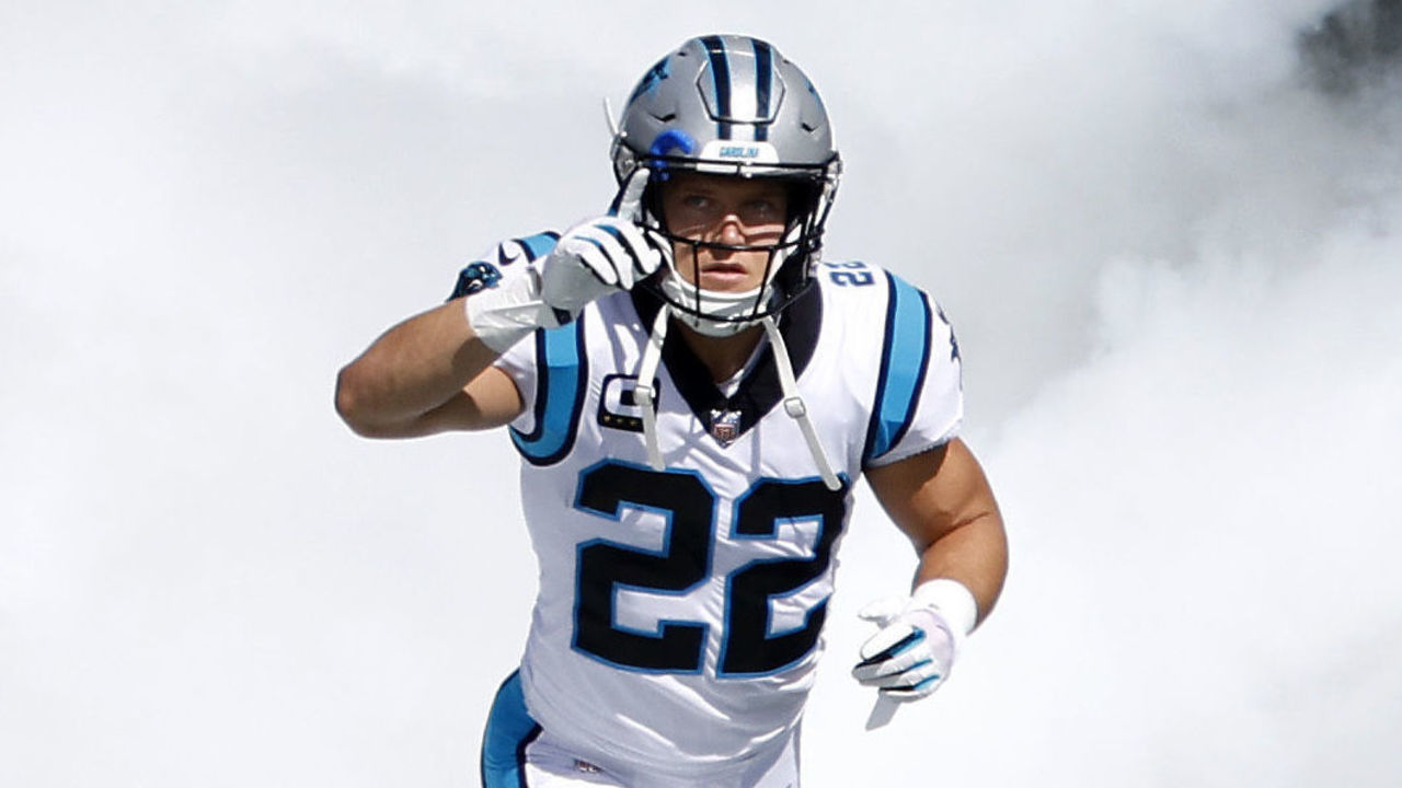 CHARLOTTE, NORTH CAROLINA - SEPTEMBER 11: Running back Christian McCaffrey #22 of the Carolina Panthers is introduced prior to their NFL game against the Cleveland Browns at Bank of America Stadium on September 11, 2022 in Charlotte, North Carolina.