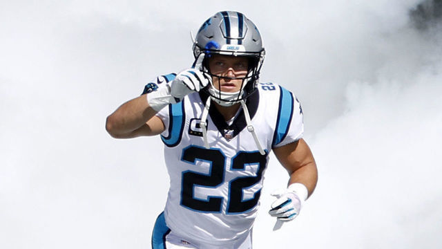 CHARLOTTE, NORTH CAROLINA - SEPTEMBER 11: Running back Christian McCaffrey #22 of the Carolina Panthers is introduced prior to their NFL game against the Cleveland Browns at Bank of America Stadium on September 11, 2022 in Charlotte, North Carolina.