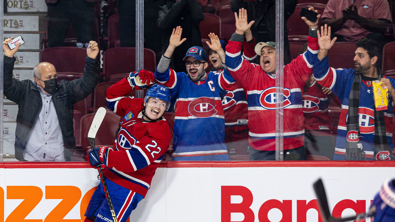 MONTREAL, CANADA - OCTOBER 12: Cole Caufield #22 of the Montreal Canadiens celebrates after a goal of the NHL regular season game between the Montreal Canadiens and the Toronto Maple Leafs at the Bell Centre on October 12, 2022 in Montreal, Quebec, Canada.