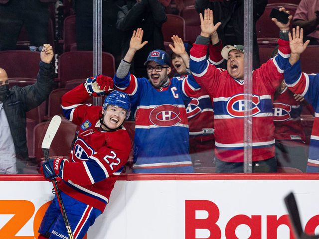 MONTREAL, CANADA - OCTOBER 12: Cole Caufield #22 of the Montreal Canadiens celebrates after a goal of the NHL regular season game between the Montreal Canadiens and the Toronto Maple Leafs at the Bell Centre on October 12, 2022 in Montreal, Quebec, Canada.