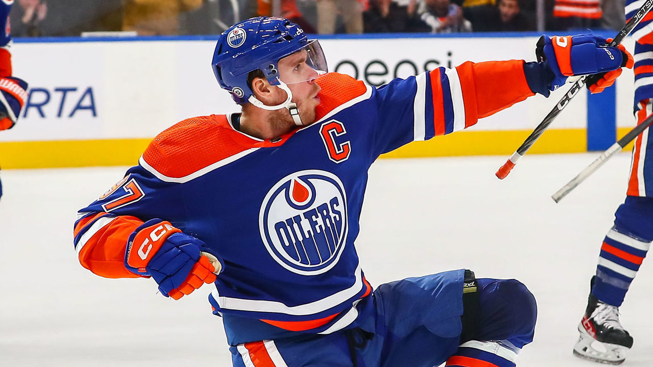 EDMONTON, AB - OCTOBER 12: Edmonton Oilers Center Connor McDavid (97) celebrates his go ahead goal and second of the game in the third period during the Edmonton Oilers game versus the Vancouver Canucks on October 12, 2022 at Rogers Place in Edmonton, AB.