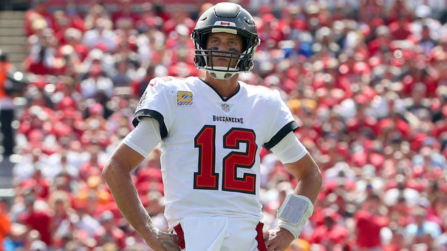TAMPA, FL - OCTOBER 09: Tampa Bay Buccaneers Quarterback Tom Brady (12) looks into the stands alone during the regular season game between the Atlanta Falcons and the Tampa Bay Buccaneers on October 09, 2022 at Raymond James Stadium in Tampa, Florida.