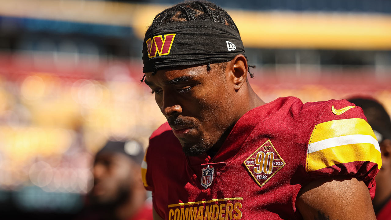 LANDOVER, MD - OCTOBER 09: William Jackson III #3 of the Washington Commanders looks on against the Tennessee Titans during the first half of the game at FedExField on October 9, 2022 in Landover, Maryland.